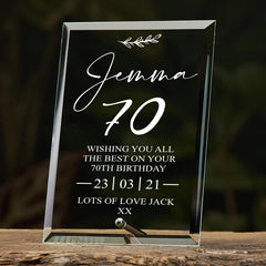 70th Birthday Personalised Glass Plaque Gift With Sentiment