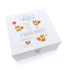 Personalised Baby Boy Keepsake Wooden Box Gift Foxes and Birth Detail