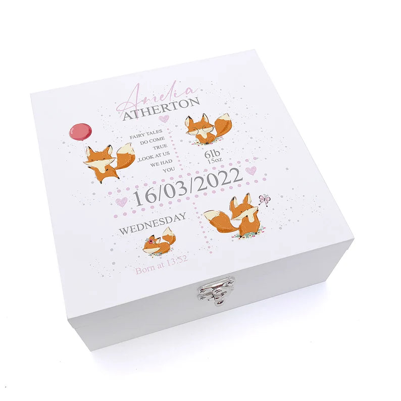 Personalised Baby Girl Keepsake Wooden Box Gift Foxes and Birth Detail