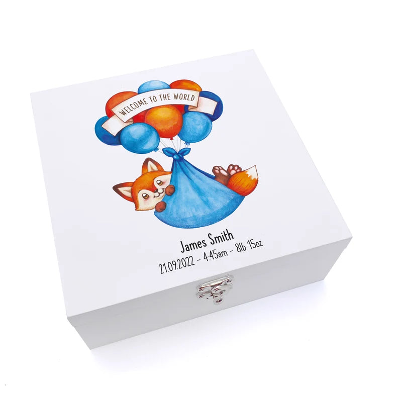 Personalised Baby Boy Keepsake Wooden Box Fox Welcome To The World