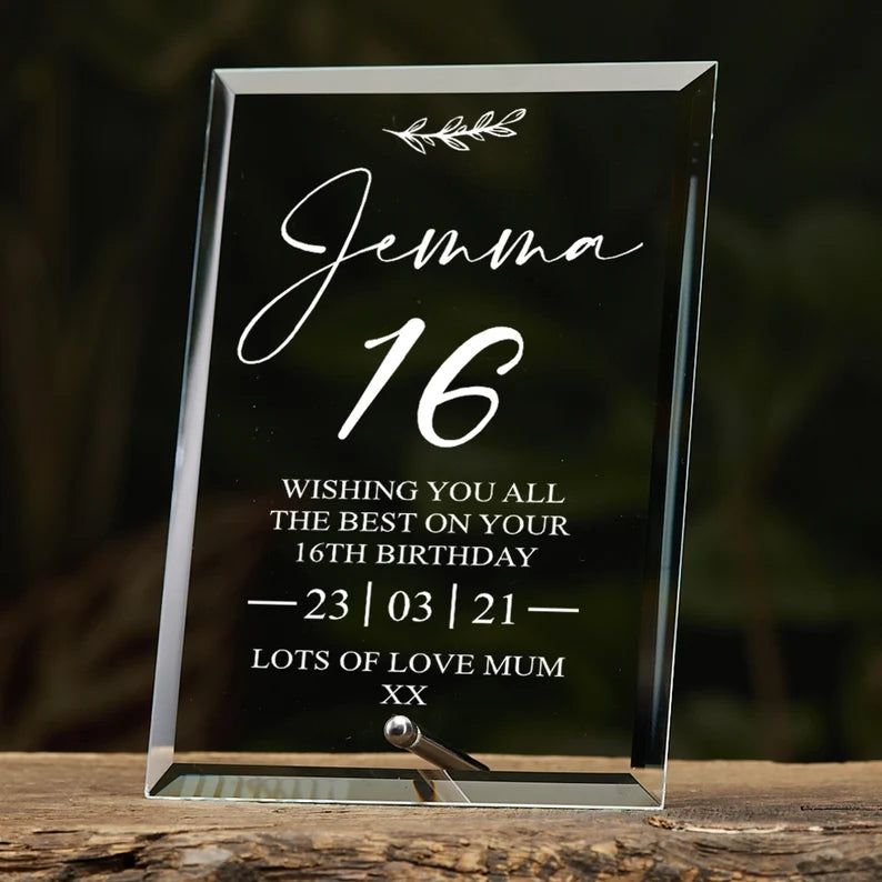 16th Birthday Personalised Glass Plaque Gift With Sentiment