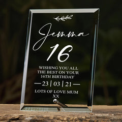 16th Birthday Personalised Glass Plaque Gift With Sentiment
