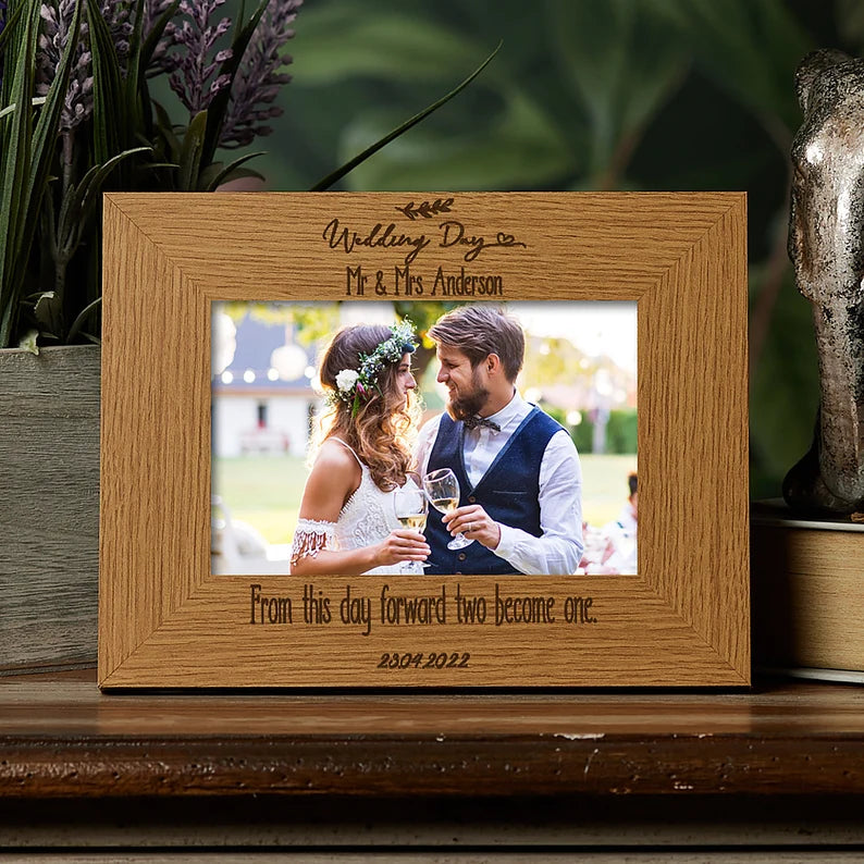 Personalised Wedding Day Photo Picture Frame Landscape With Leaf