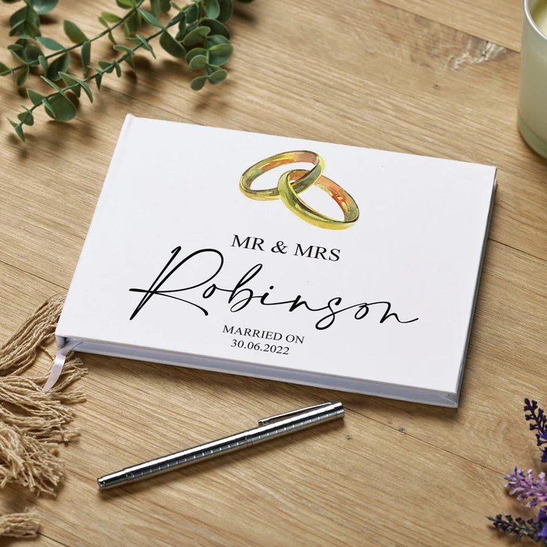 Personalised Wedding Gift Guest Book With Gold Ring Design