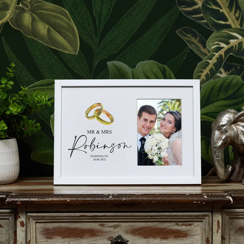Personalised Wedding Photo Frame Gift With Gold Ring Design