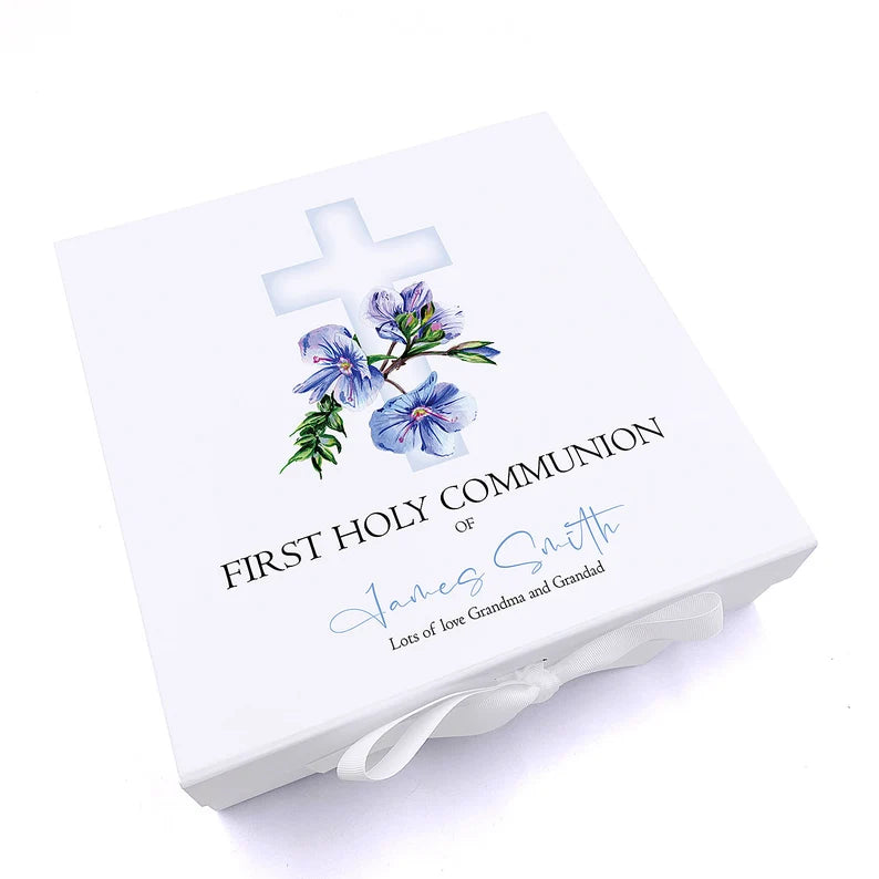 ukgiftstoreonline Personalised First Holy Communion Blue Cross Keepsake Memory Box Gift