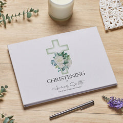Personalised Large A4 Christening Guest Book with Green Cross Linen Cover