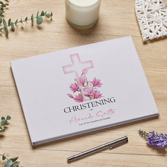 Personalised Large A4 Christening Guest Book with Pink Cross Linen Cover