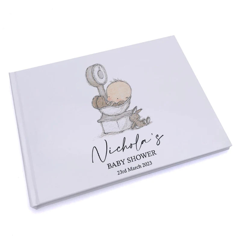 Personalised Baby Shower Lined Guest Book Hard Cover 80 Pages With Cute Baby On Scale