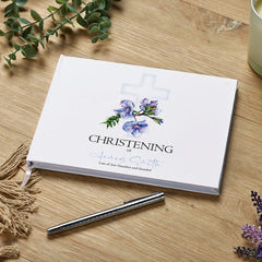 Personalised Christening Lined Guestbook 80 Pages With Blue Cross