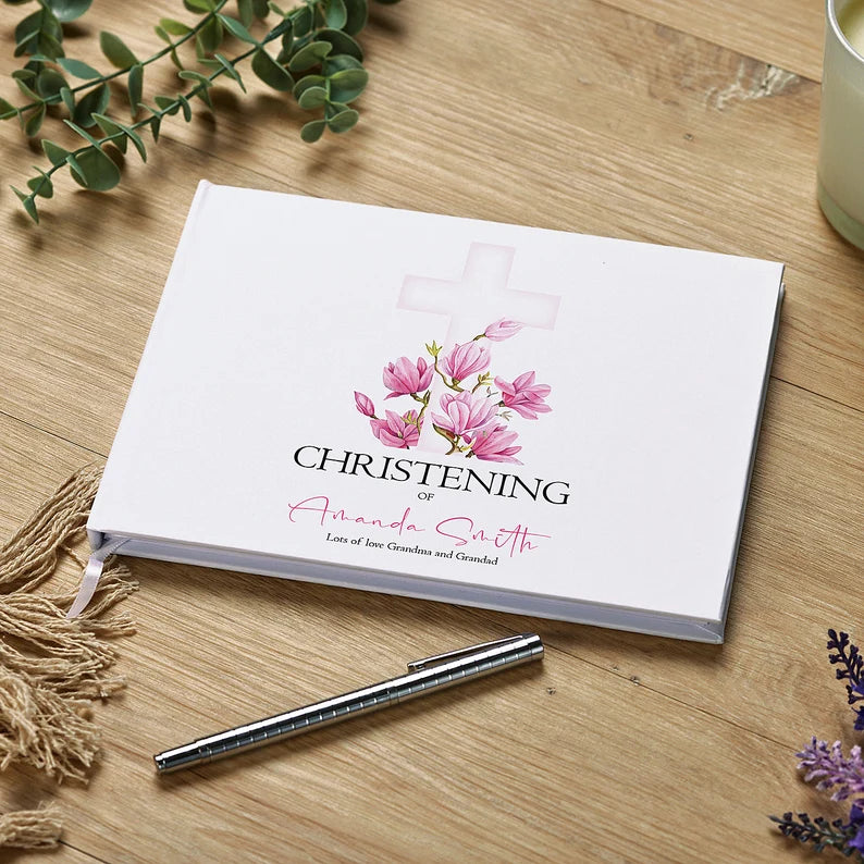Personalised Christening Lined Guestbook 80 Pages With Pink Cross
