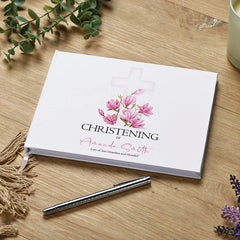 Personalised Christening Lined Guestbook 80 Pages With Pink Cross
