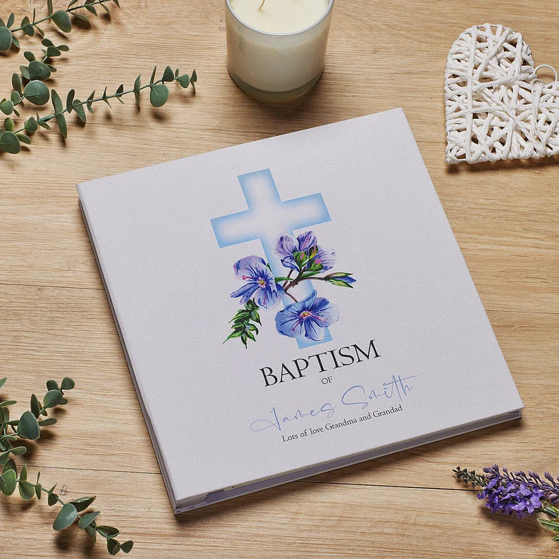 Personalised Baptism Large Linen Cover Photo Album With Blue Cross