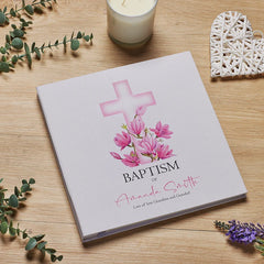 Personalised Baptism Large Linen Cover Photo Album With Pink Cross