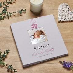 Personalised Baptism Photo Album Linen Cover With Pink cross
