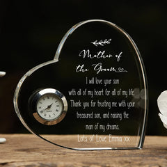 ukgiftstoreonline Personalised Heart Crystal Glass Clock Mother Of The Groom Wedding Gift