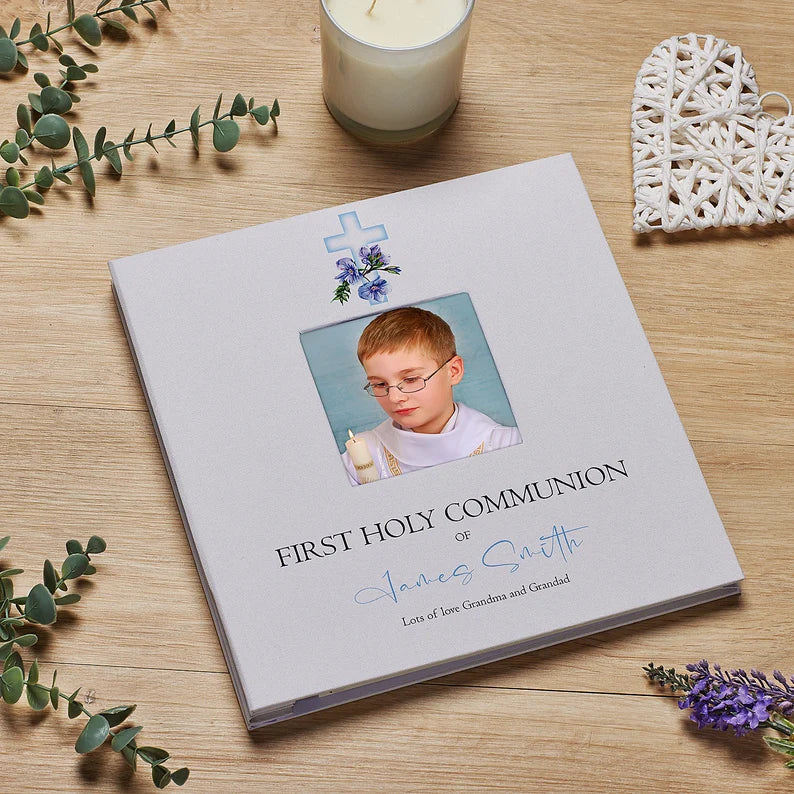 Personalised Communion Photo Album Linen Cover With Blue Cross