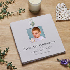 Personalised Communion Photo Album Linen Cover With Green Cross