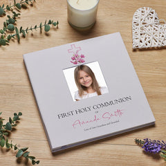 Personalised Communion Photo Album Linen Cover With Pink Cross
