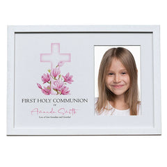 Personalised Holy Communion White Photo Frame With Pink Cross 6"x4"