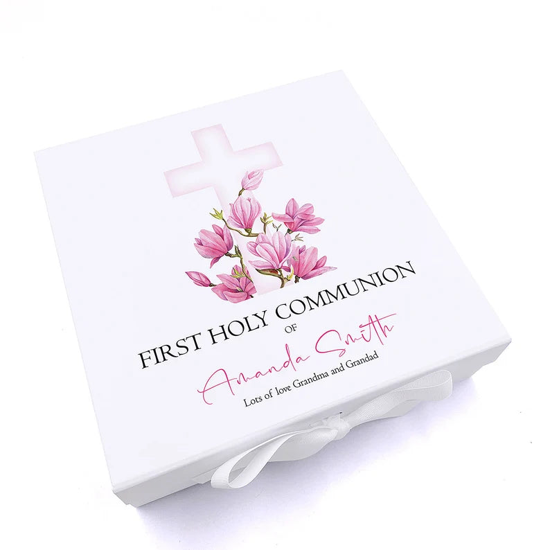 Personalised First Holy Communion Pink Cross Keepsake Memory Box Gift