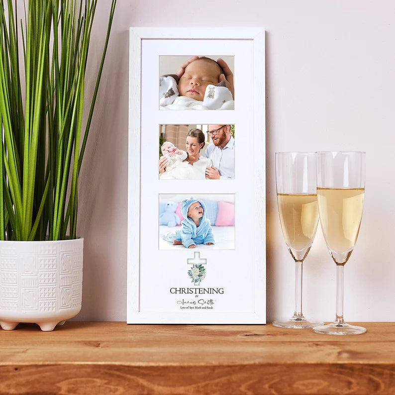 Personalised Christening Day Triple Photo Frame With Green Cross