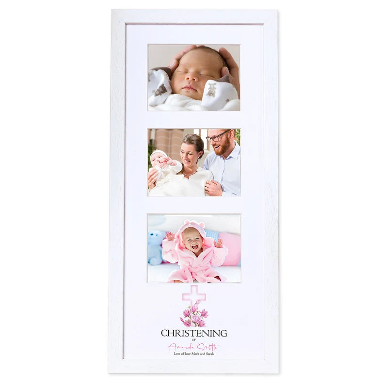 Personalised Christening Day Triple Photo Frame With Pink Cross