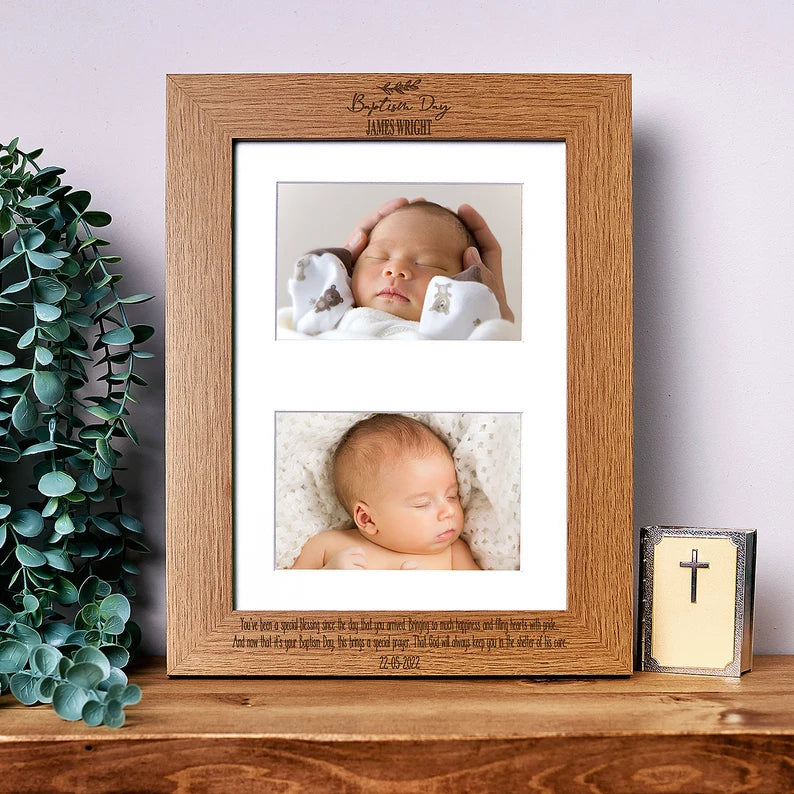 Baptism Photo Frame Landscape Double 6x4 Inch Brown Personalised