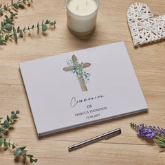Personalised Large A4 Communion Guest Book Wood Cross Linen Cover