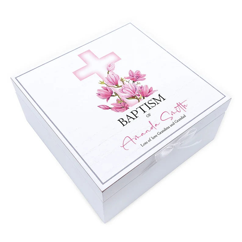 ukgiftstoreonline Personalised Baptism Vintage Wooden Box With Pink Cross