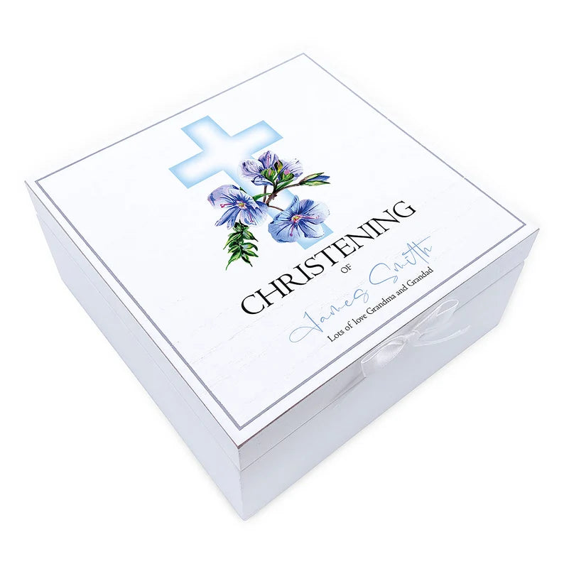 ukgiftstoreonline Personalised Christening Vintage Wooden Box With Blue Cross