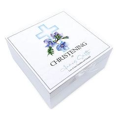 ukgiftstoreonline Personalised Christening Vintage Wooden Box With Blue Cross