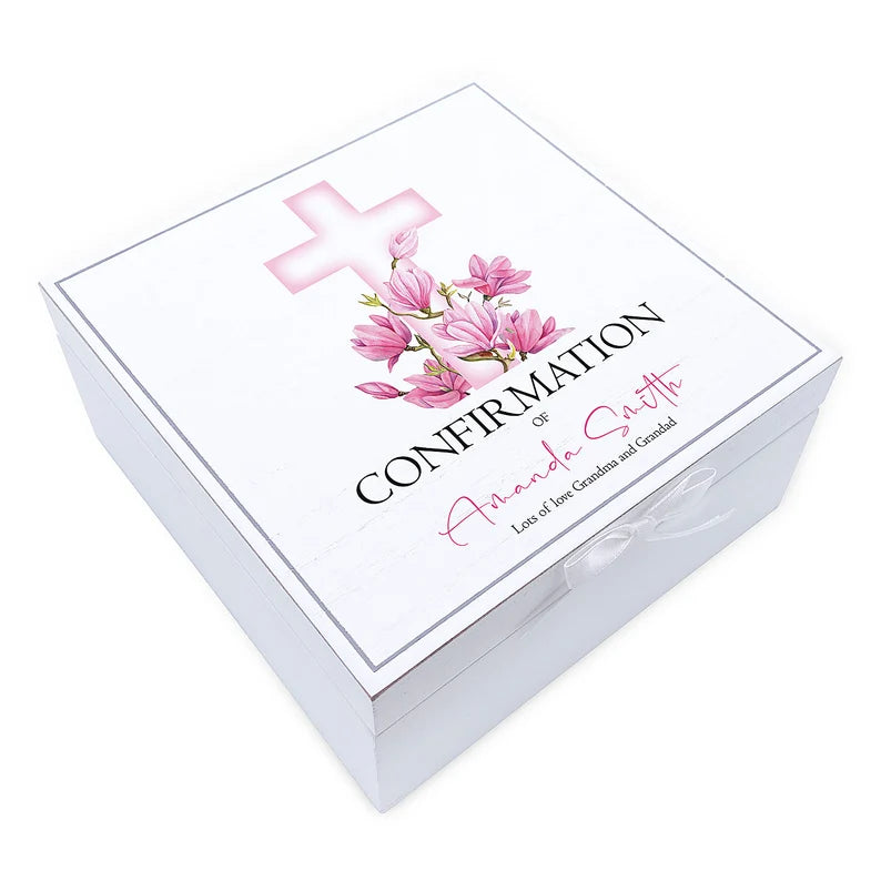 ukgiftstoreonline Personalised Confirmation Vintage Wooden Box With Pink Cross
