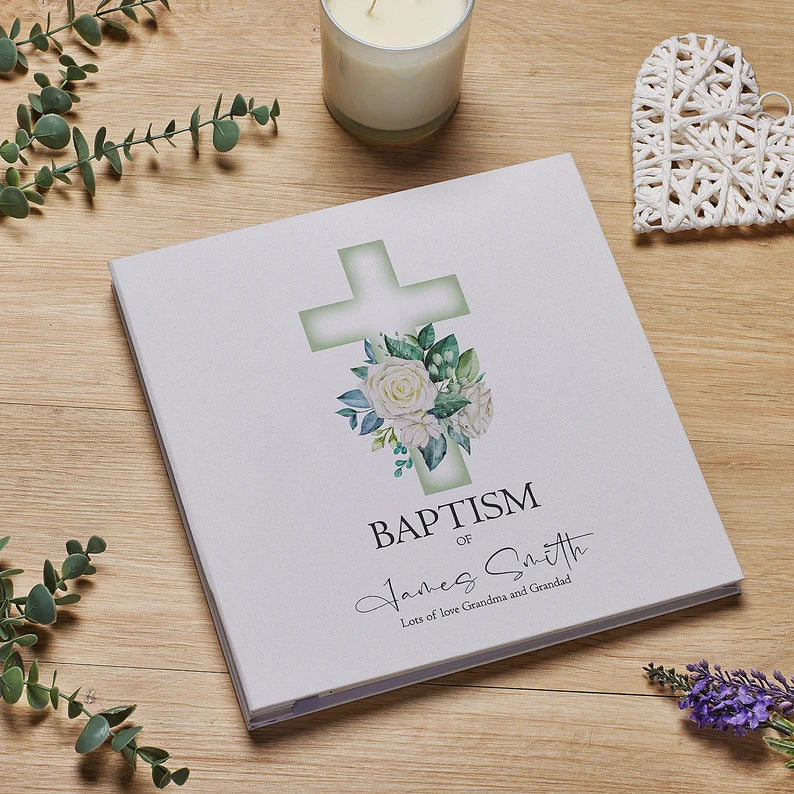 Personalised Baptism Large Linen Cover Photo Album With Green Cross
