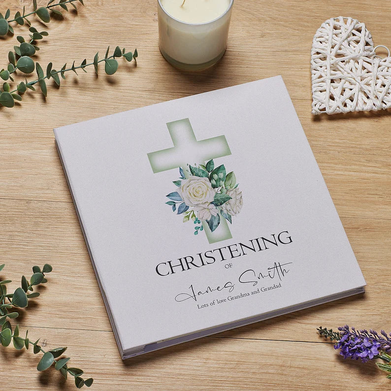 Personalised Christening Large Linen Cover Photo Album With Green Cross
