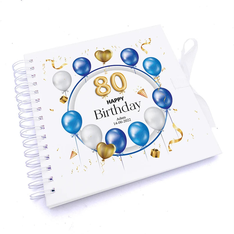 Personalised 80th Birthday Blue Balloon Guestbook Scrapbook Photo Album