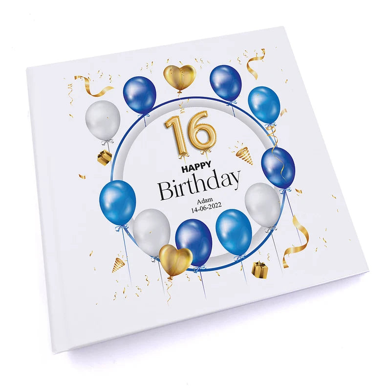 Personalised 16th Birthday Photo Album Gift With Blue and Gold Balloons