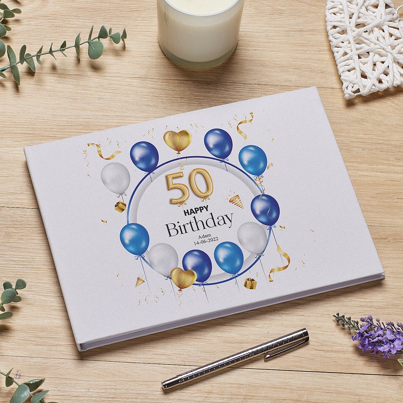 Personalised Large A4 50th Birthday Linen Guest Book Blue Balloons