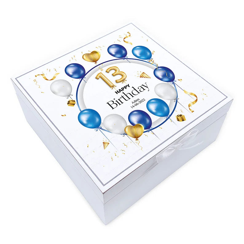 ukgiftstoreonline Personalised 13th Birthday Vintage Wooden Box Gift With Blue Balloons Keepsake Boxes ukgiftstoreonline