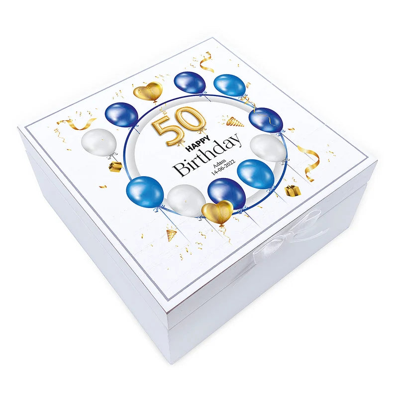 ukgiftstoreonline Personalised 50th Birthday Vintage Wooden Box Gift With Blue Balloons Keepsake Box ukgiftstoreonline