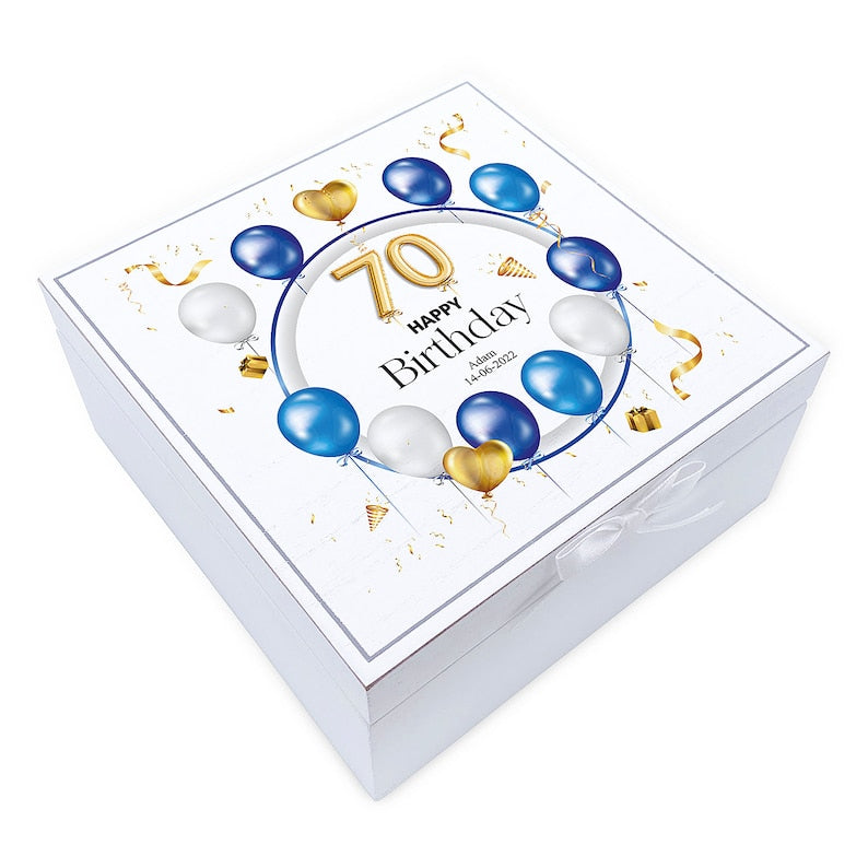 ukgiftstoreonline Personalised 70th Birthday Vintage Wooden Box Gift With Blue Balloons Keepsake Box ukgiftstoreonline