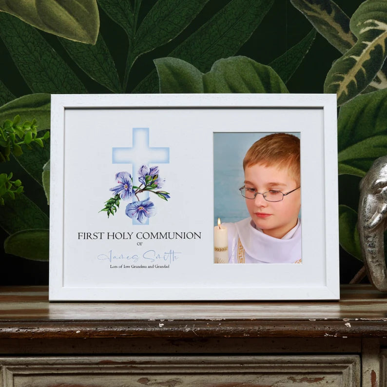 Personalised Holy Communion White Photo Frame With Blue Cross 6"x4"