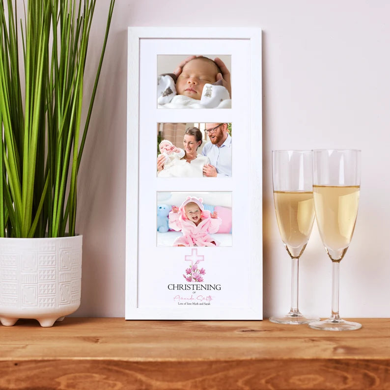 Personalised Christening Day Triple Photo Frame With Pink Cross