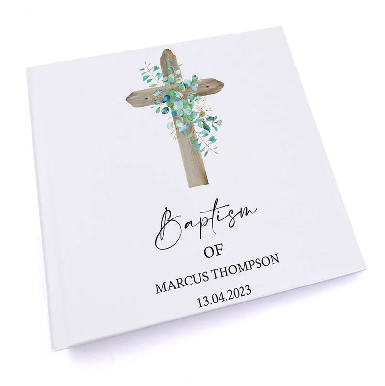 Personalised Baptism 6x4" Slip in Photo Album Gift With Wood Cross