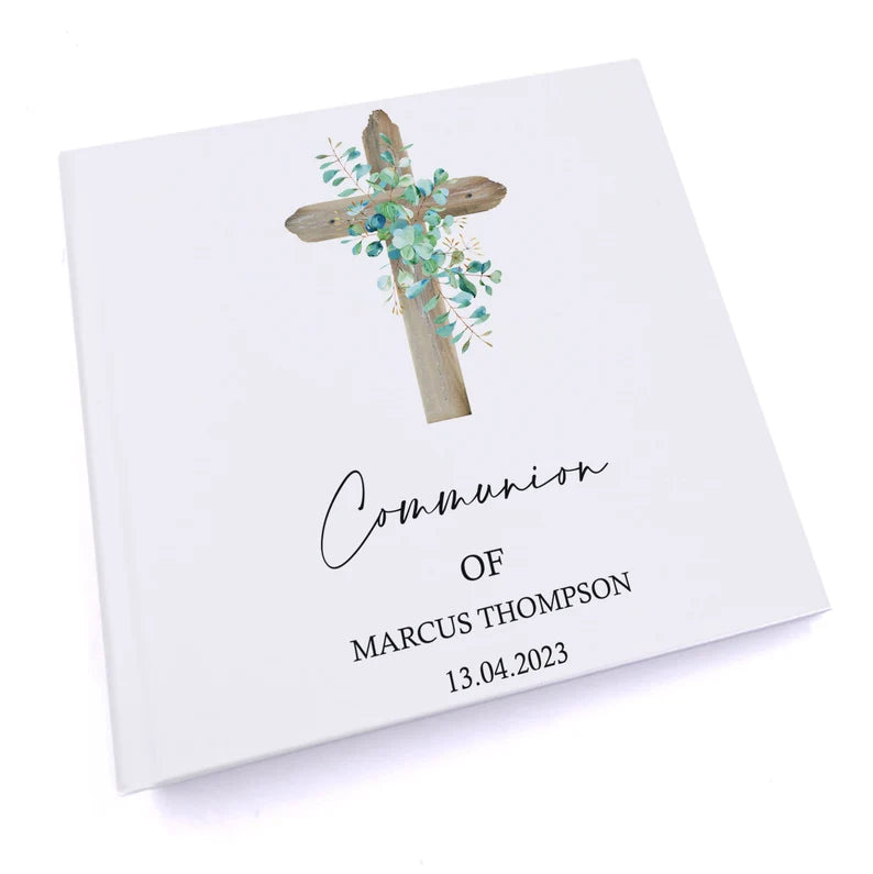 Personalised Communion 6x4" Slip in Photo Album Gift With Wood Cross