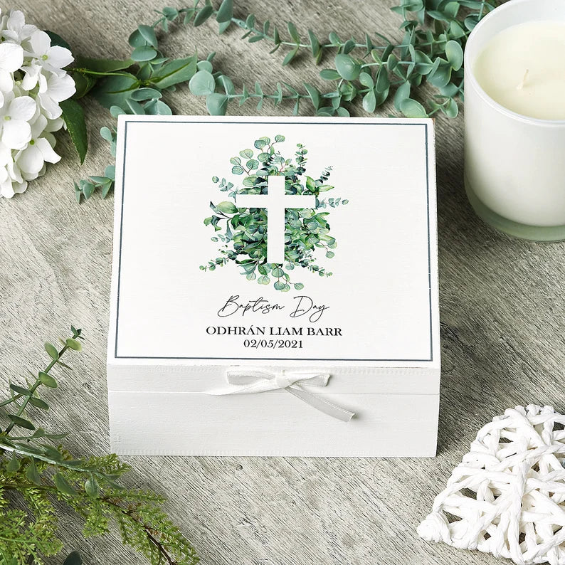 ukgiftstoreonline Personalised Baptism Day Vintage Wooden Box Gift With Leaf Cross
