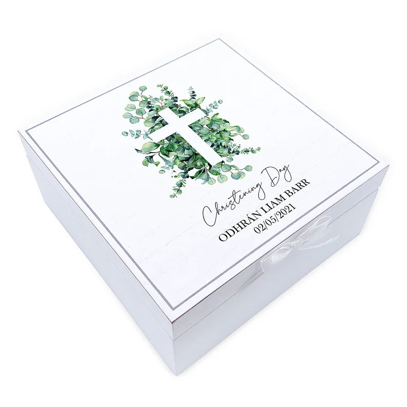 ukgiftstoreonline Personalised Christening Day Vintage Wooden Box Gift With Leaf Cross