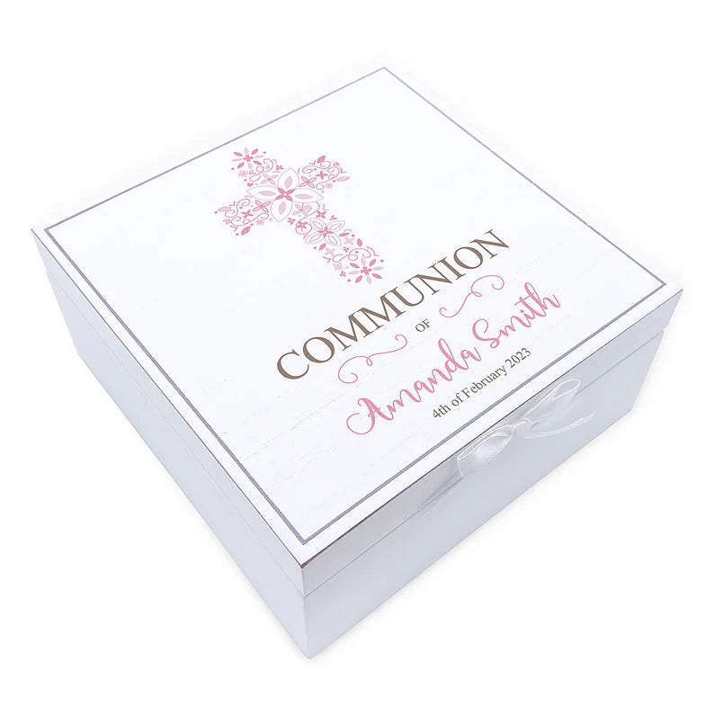 ukgiftstoreonline Personalised Communion Day Vintage Wooden Box Gift With Pink Cross