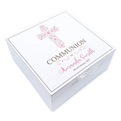ukgiftstoreonline Personalised Communion Day Vintage Wooden Box Gift With Pink Cross
