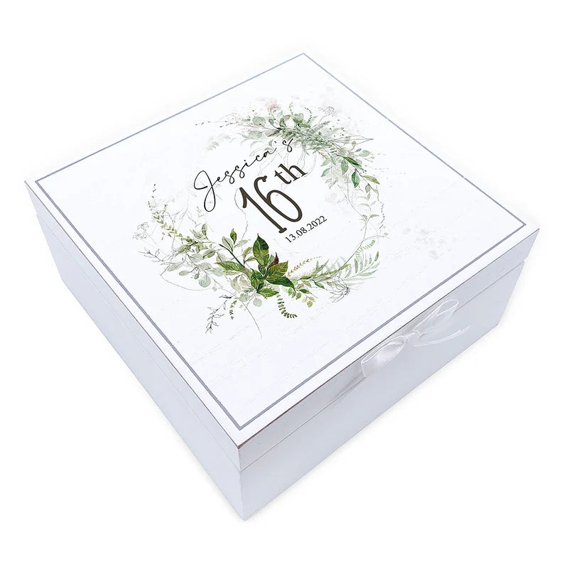 Personalised 16th Birthday Vintage Wooden Box Gift With Green Ferns